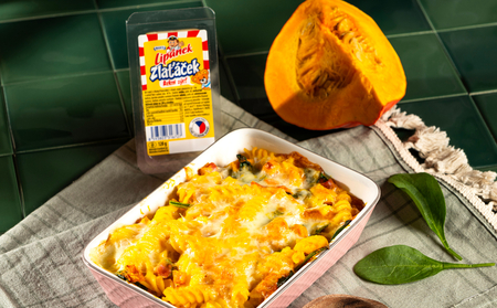 Zapečené těstoviny s dýní, Lipánkem Zlatáčkem, šunkou, špenátem a krémovou dýňovou omáčkou