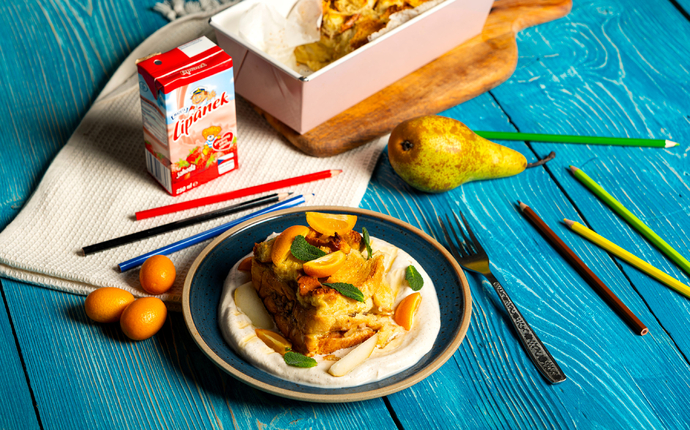 Chlebový pudink s mlíčkem Lipánek a vanilkovým krémem